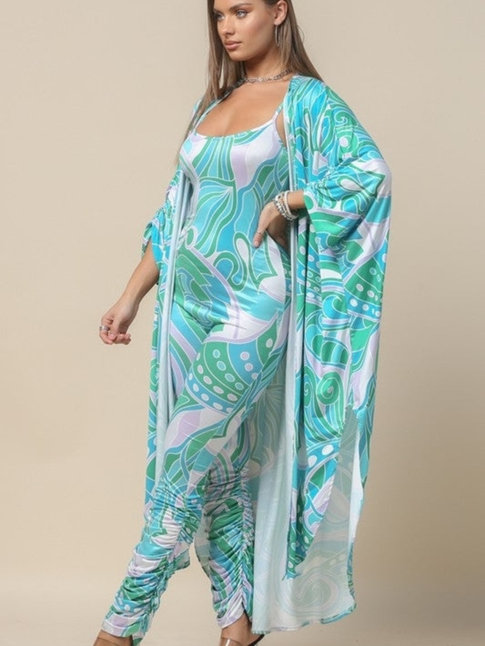 Aqua Turquoise & White Abstract Print Jumpsuit with Matching Duster